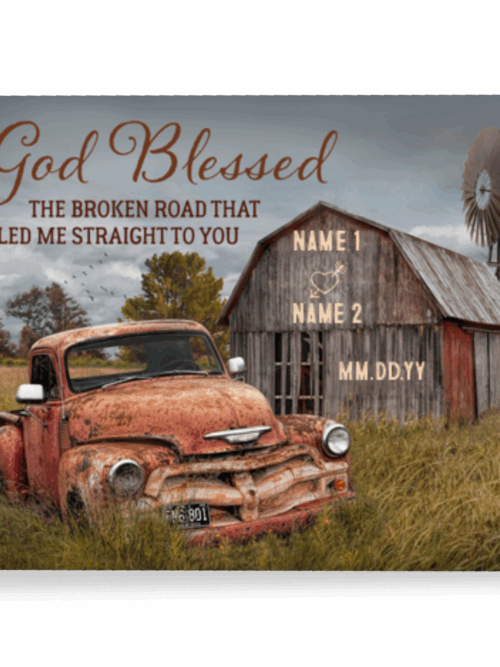God Blessed The Broken Road Old Barn and Vintage Vehicle Canvas Wall Art Print