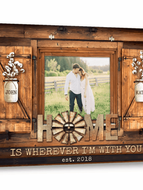 Personalized Photo & Year Barn Window Frame Cotton Flowers Canvas Print