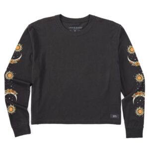 Women's Autumn Celestial Moon Flowers Long Sleeve Crusher Boxy Tee